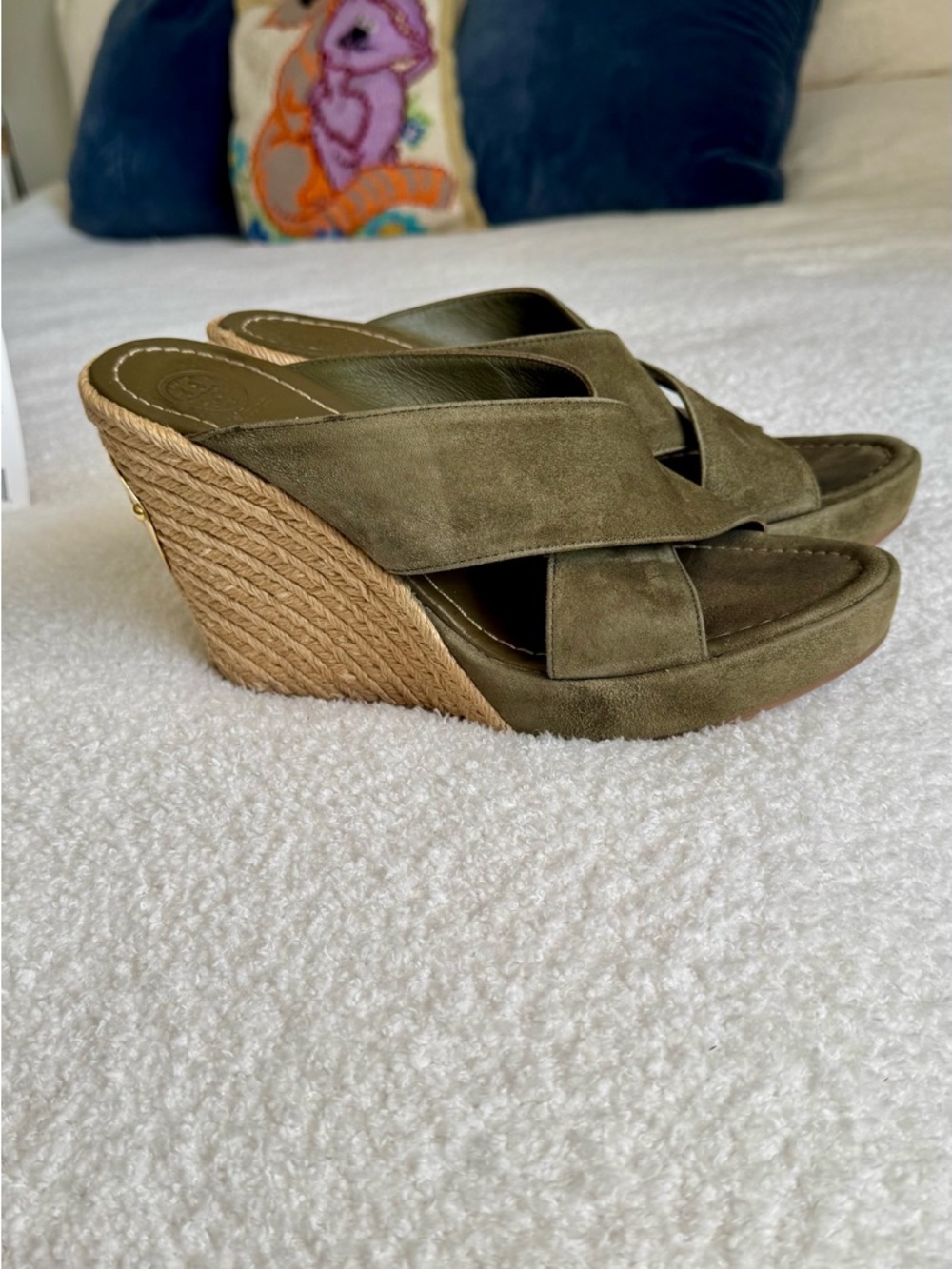 Tory Burch Olive Suede Espadrille Wedge Sandals